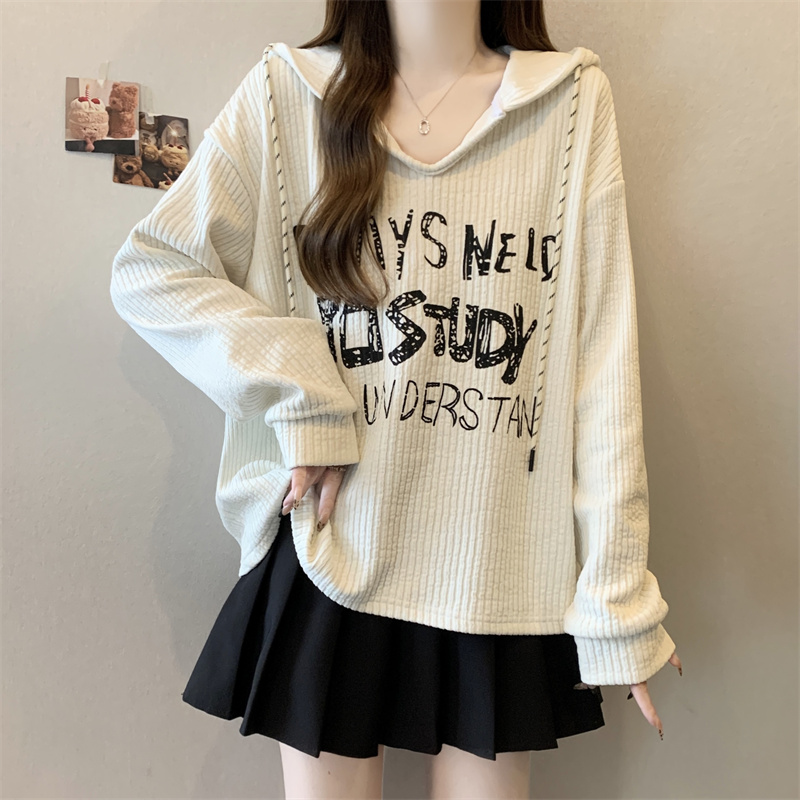 大码女装遮肚子慵懒风印花长袖卫衣女春秋胖妹妹宽松显瘦连帽上衣