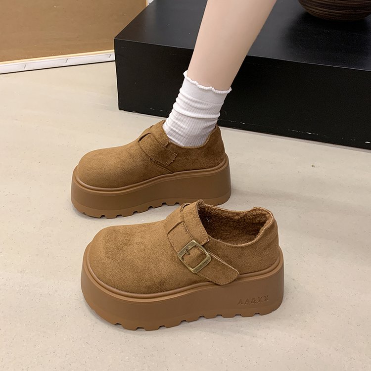 勃肯鞋女2025新款秋冬季复古百搭加绒厚底增高乐福棉鞋小个子松糕