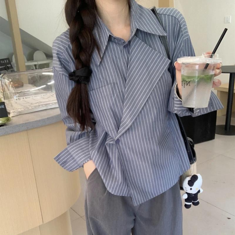 法式小资小上衣女通勤穿搭2025春秋季新款时尚不规则条纹长袖衬衫