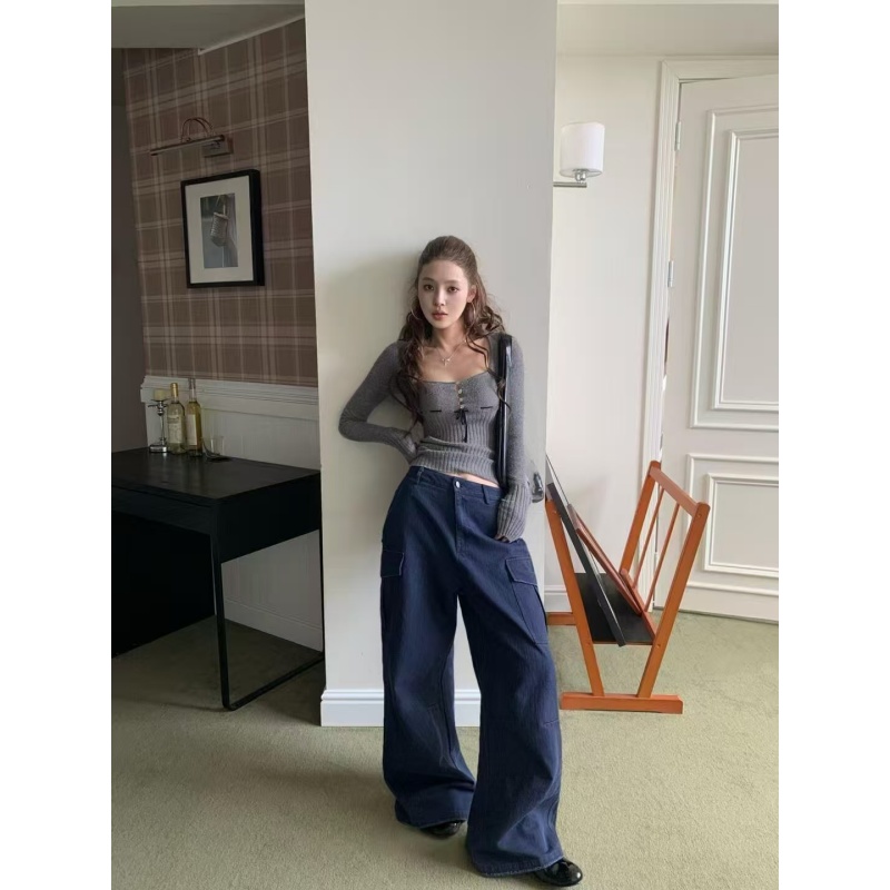 纯欲性感气质U领修身显瘦长袖针织衫复古宽松垂感休闲长裤两件套