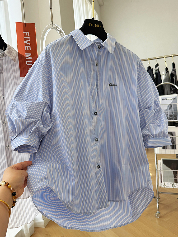 设计感独特别致超好看韩系条纹短袖衬衫女夏季高级感气质法式小衫
