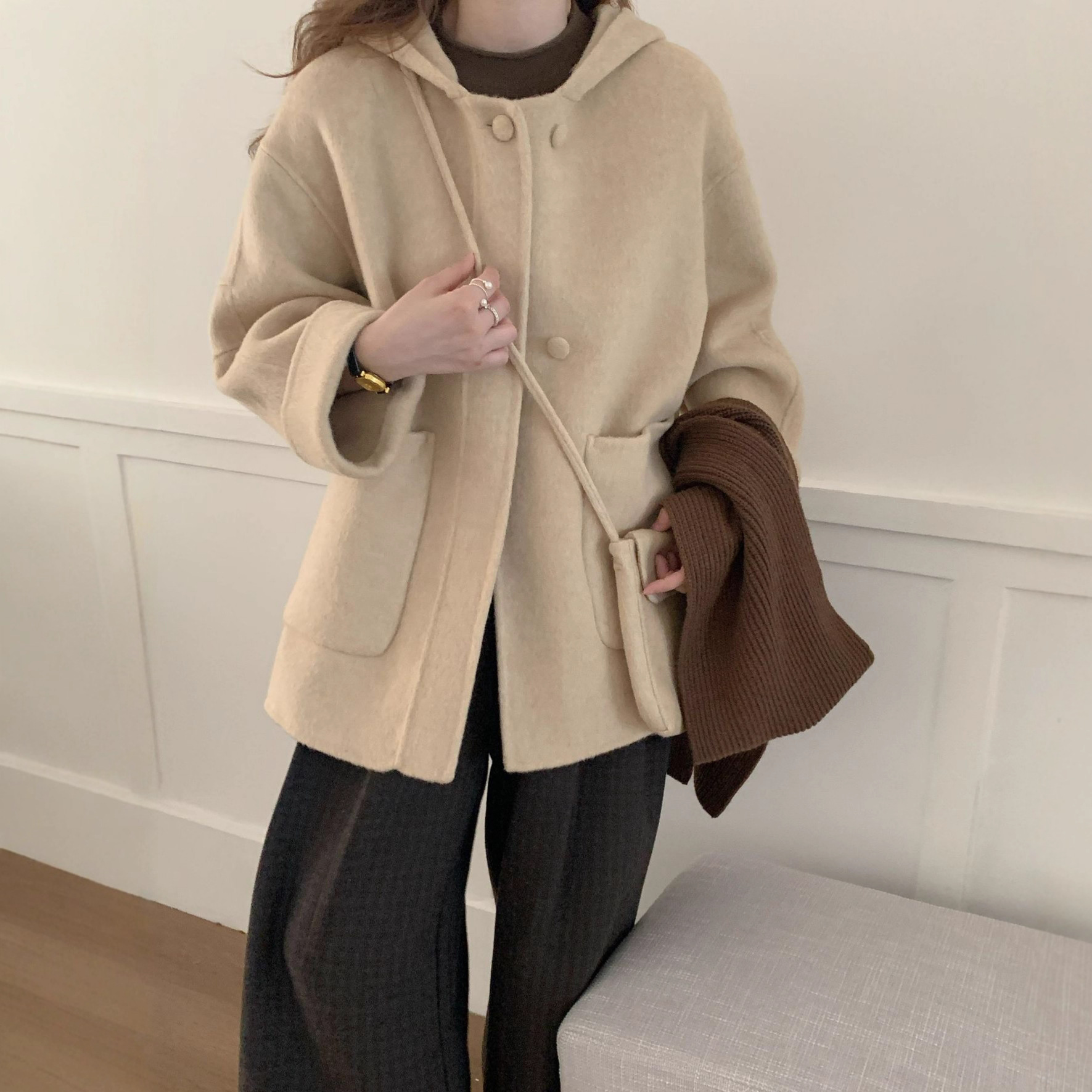 2025秋冬新款苏丽羊驼毛连帽双面呢大衣女中长款加厚韩版毛呢外套