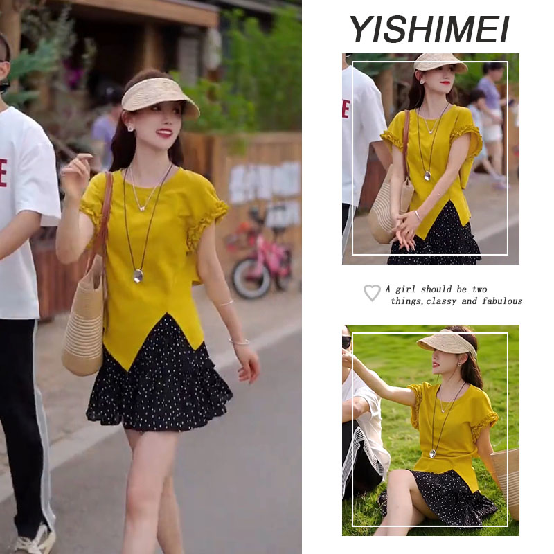 【现货】今年流行两件套2025年新款韩系简约短袖上衣碎花短裙套装