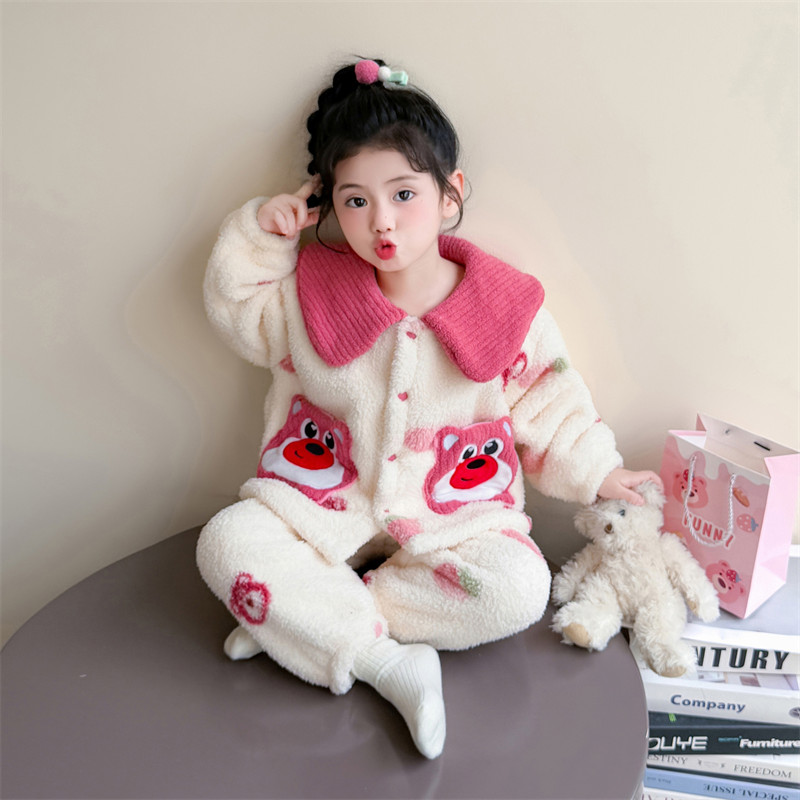 女童冬季加绒睡衣冬季2025新款女宝宝卡通休闲家居服儿童洋气套装