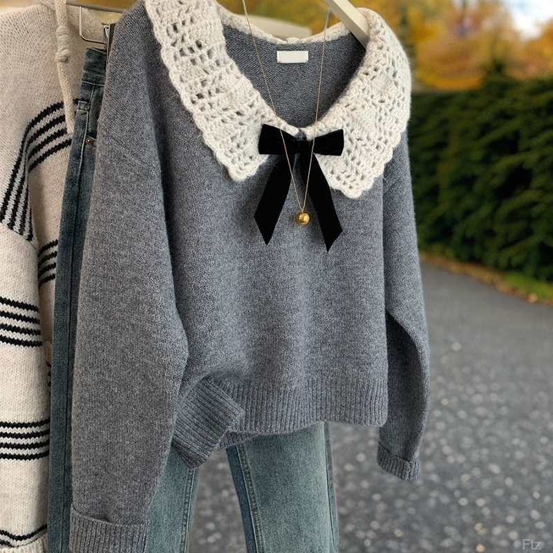 蝴蝶结娃娃领百搭针织衫女2025秋冬新款法式小香风高级设计感上衣