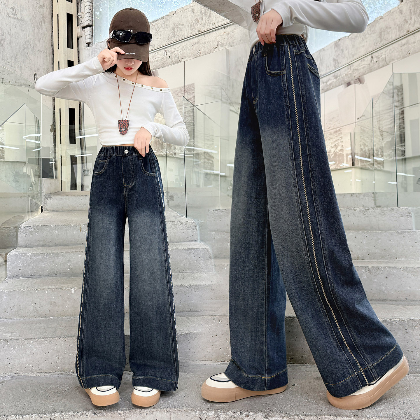 女童秋季牛仔裤洋气6-12岁15岁中大童2025新款休闲宽松直筒阔腿裤