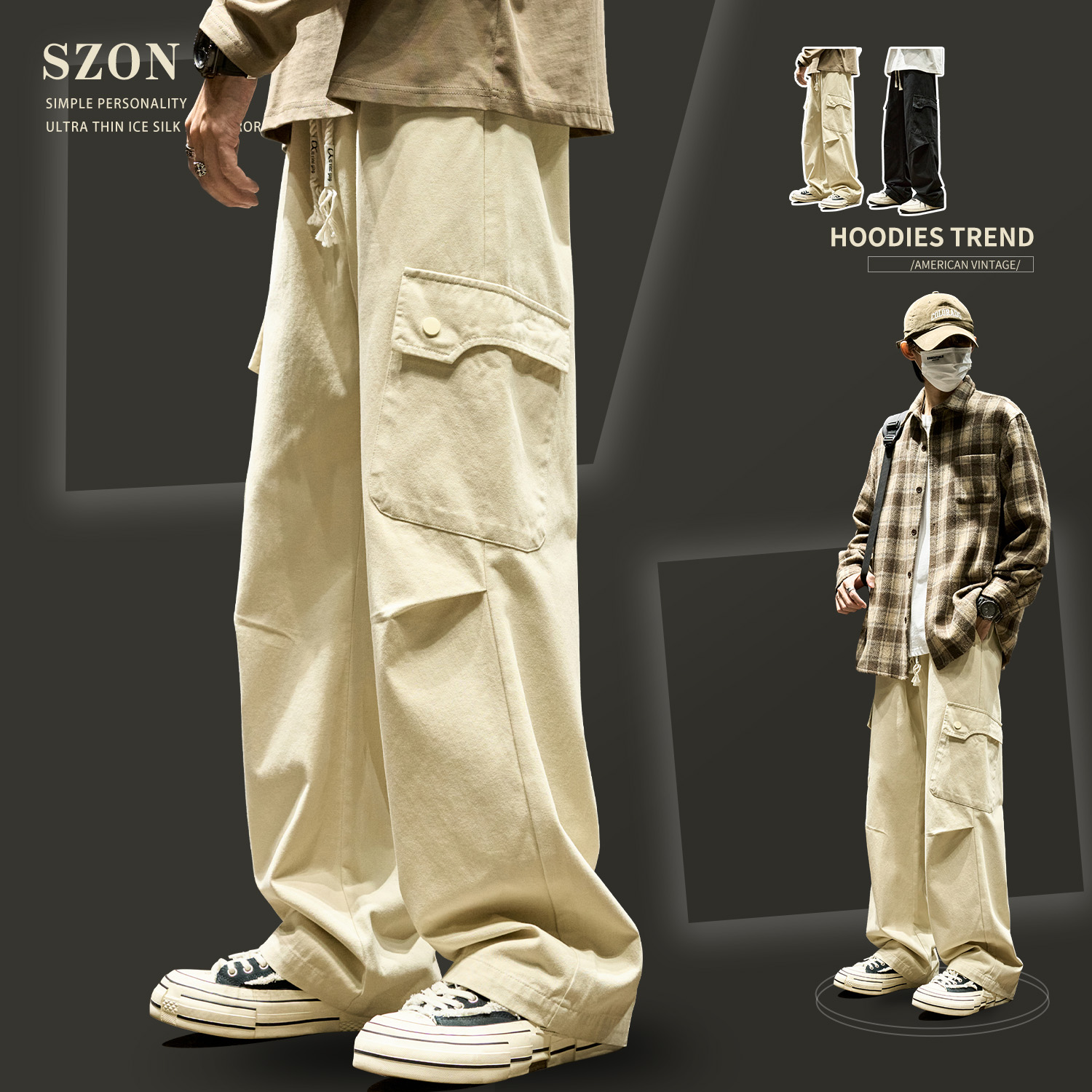 男式工装裤宽松直筒美式多口袋伞兵裤休闲男款春秋款加绒裤子高街