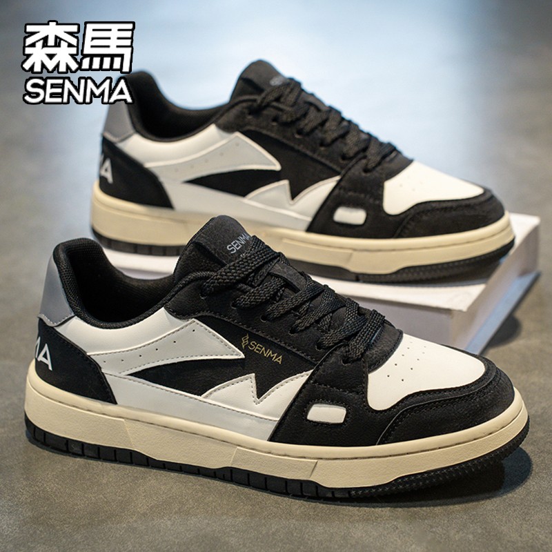 森马男鞋秋季低帮运动黑白防滑板鞋青少年初中生耐脏皮面防水秋鞋