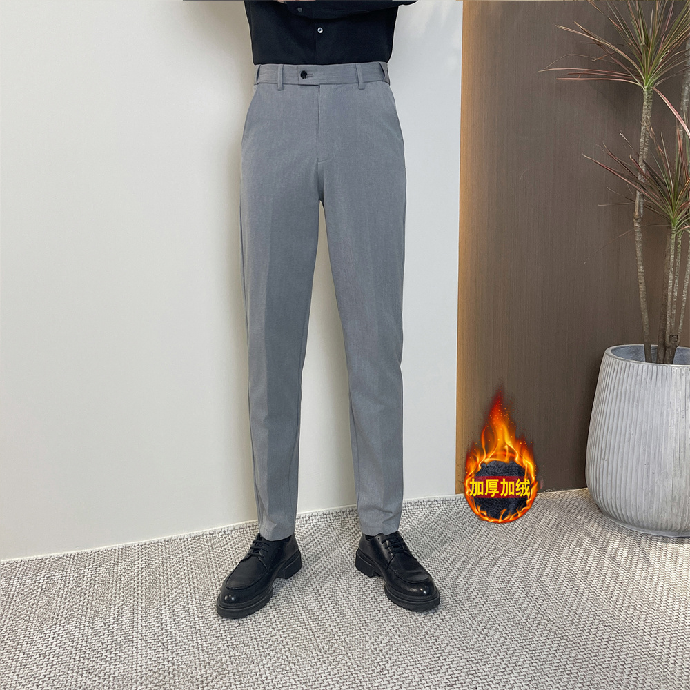 冬季加绒休闲西裤男士商务百搭修身加厚直筒松紧腰v锥西装男裤