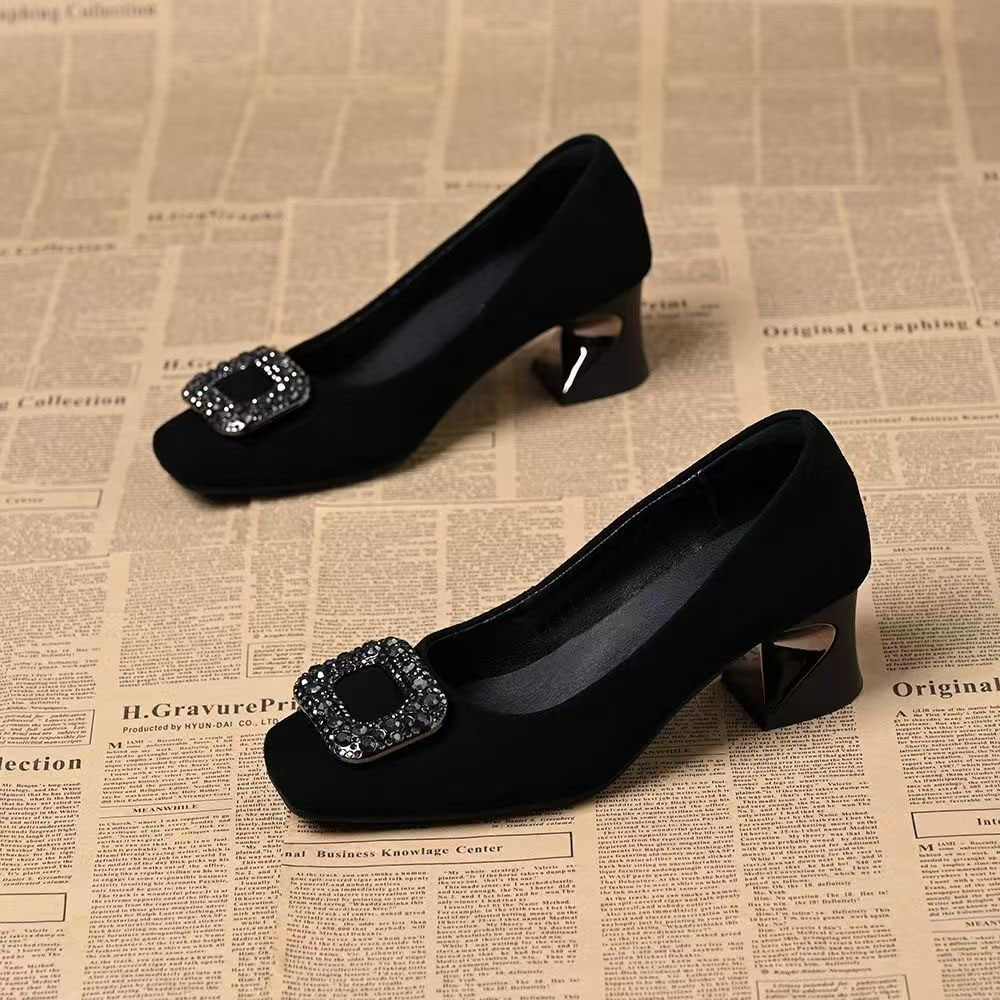 法式气质方头粗跟单鞋女鞋浅口晚晚鞋绒面水钻黑色工作通勤配裙子