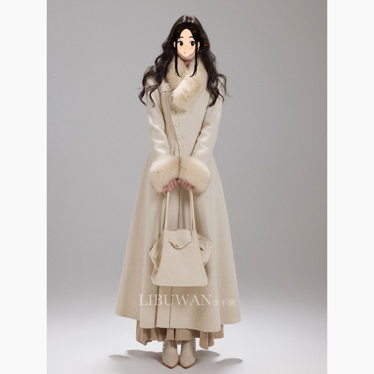 狐狸毛大毛领温柔气质千金长款收腰羊毛大衣