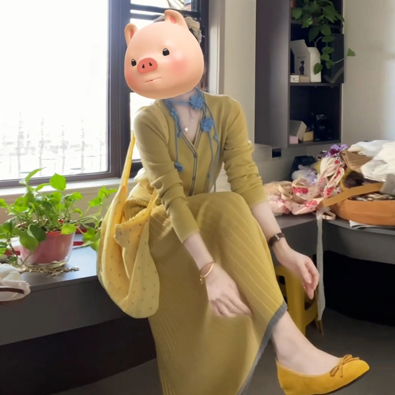 气质穿搭一整套装裙黄色针织半身连衣裙子早秋长裙女秋季1099