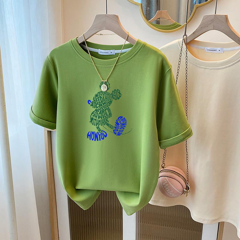 2025年春正肩绿色磨毛短袖T恤女新款内搭宽松休闲加厚打底衫上衣