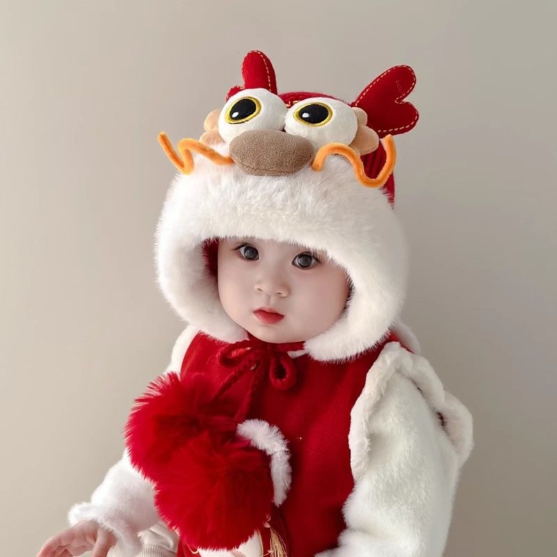 儿童帽子冬季宝宝过年套头帽男女童红色喜庆护耳帽新年醒狮虎头帽