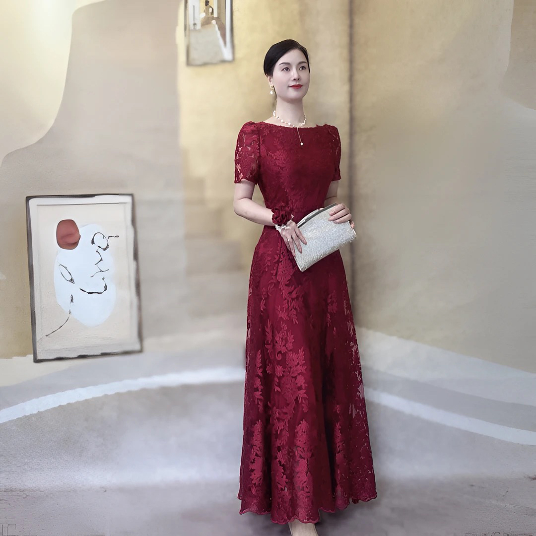 喜妃琳0065 喜婆婆喜妈妈婚宴装礼服气质优雅夏季连衣裙酒红长款