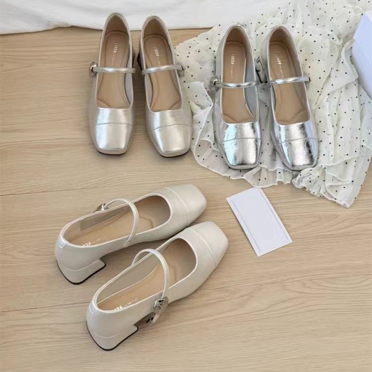 一字带复古浅口小皮鞋2025夏季新款粗跟单鞋纯色百搭方头玛丽珍鞋