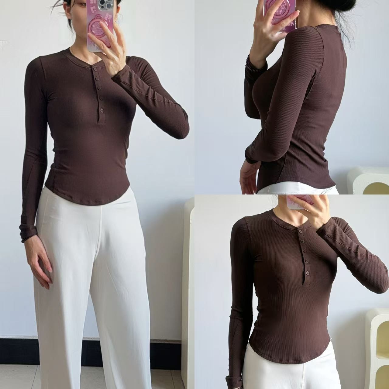 瑜伽服女上衣秋季美式莫代尔亨利领修身显瘦跑步健身运动长袖t恤