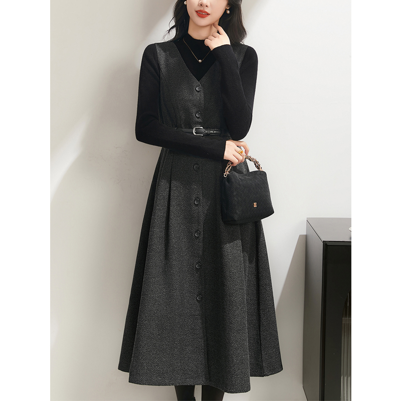 叠穿保暖简约V领毛呢背心裙收腰显瘦无袖A字连衣裙秋冬款【赠腰带】