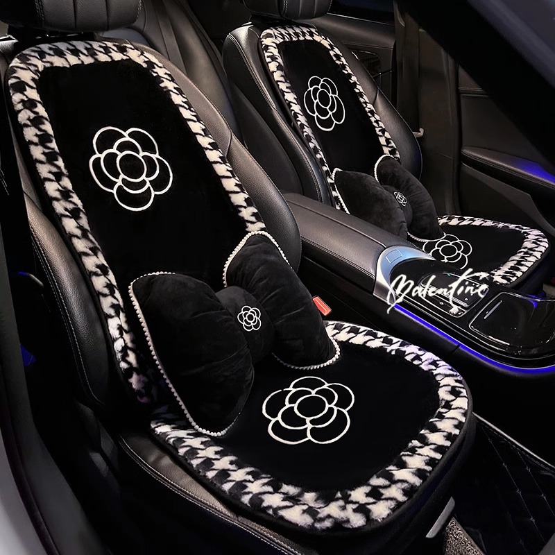 汽车坐垫冬季长毛绒加绒加厚保暖高级感女神四季通用山茶花座椅套