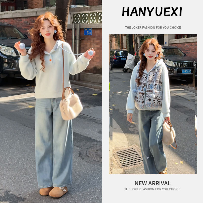 秋冬超火一整套女装2025新款复古港风连帽卫衣马甲牛仔裤三件套潮