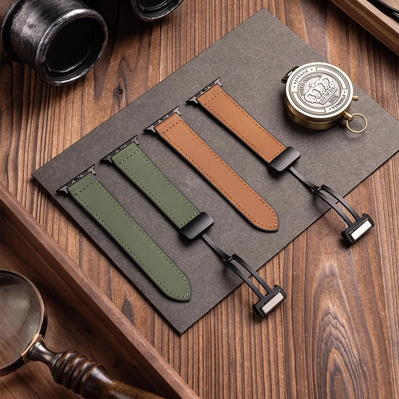 适用iwatch苹果s10手表applewatch9疯马纹S8/7/6磁吸真皮男女腕带