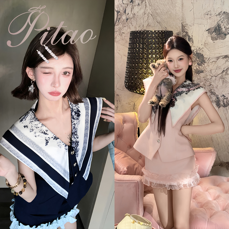 杜屁屁桃PITAO原创【曼特学院-合集】夏季女轻奢时尚翻领拼接上衣