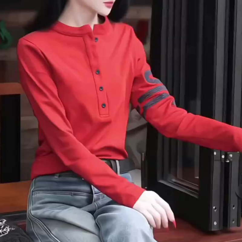 2025秋季新款女红色长袖T恤时尚减龄宽松显瘦立领内搭打底衫上衣