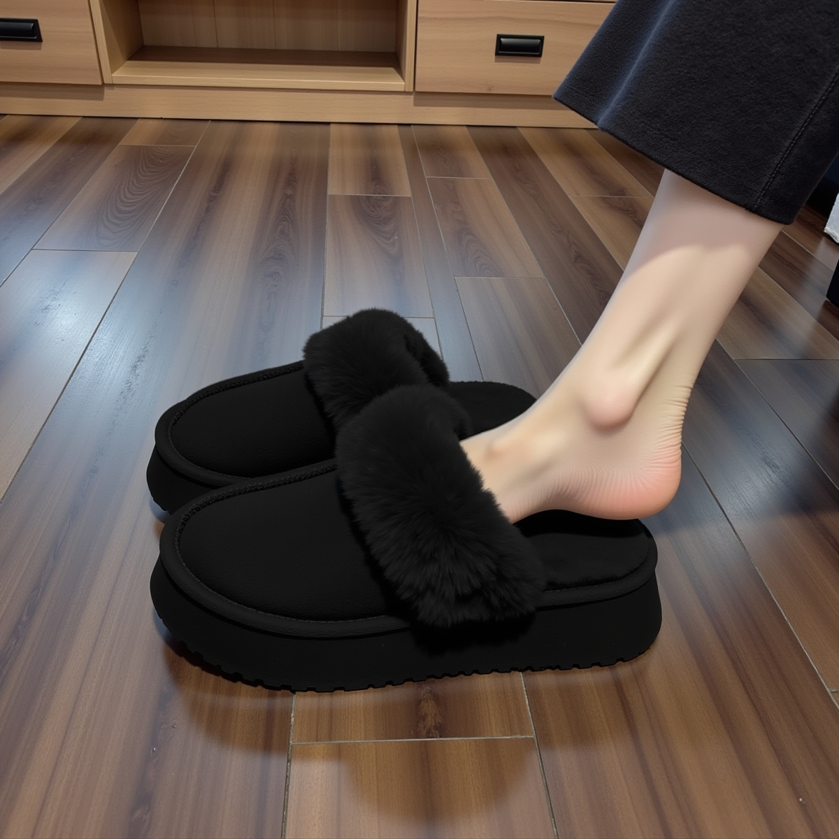 兔毛绒黑色毛毛拖鞋女厚底秋冬外穿加绒雪地靴高级感包头拖棉拖鞋