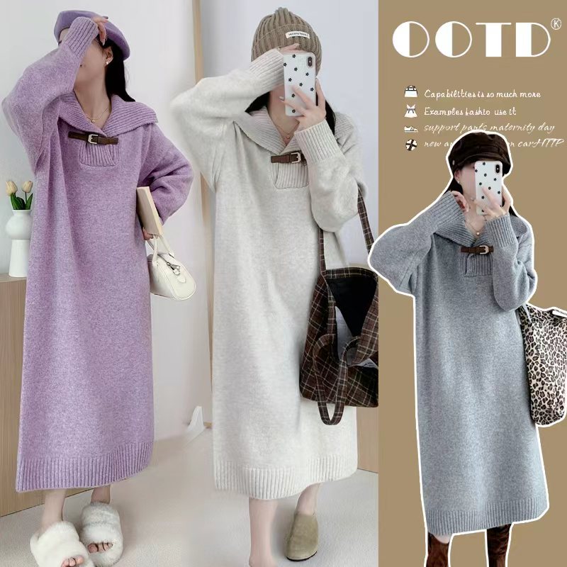 2026新款秋冬装时尚宽松气质孕妇中长款针织毛衣加厚连衣裙