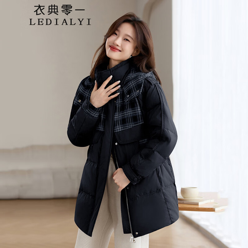 格子羽绒服女宽松休闲拼接连帽2025新款设计感加厚保暖白鸭绒外套