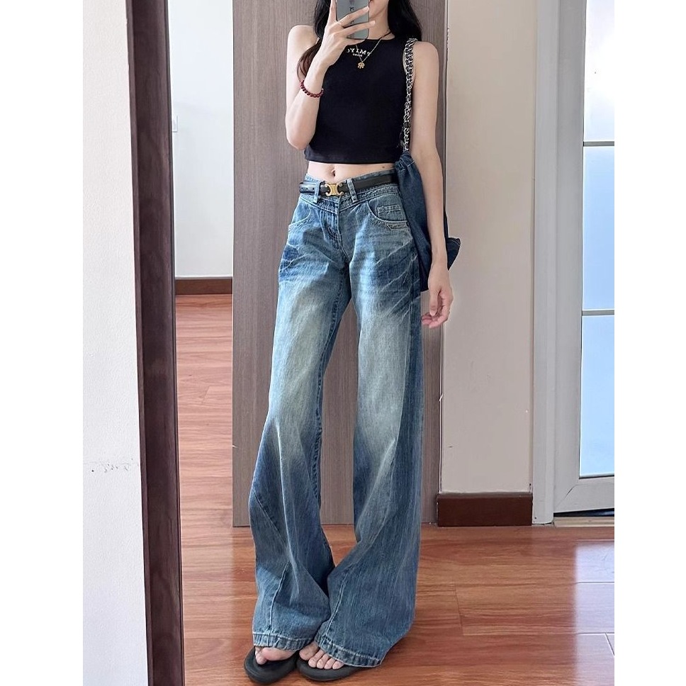 美式复古水洗蓝低腰微喇牛仔裤女2025新款秋季宽松显瘦百搭直筒裤