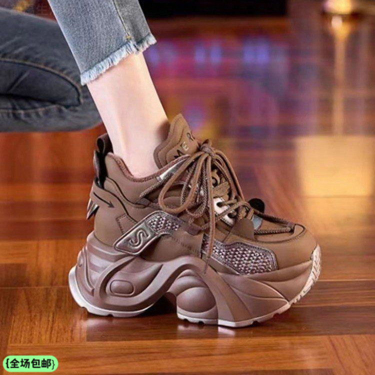 皮质鞋女秋冬2025新款厚底老爹小个子百搭运动增高休闲运动鞋高跟