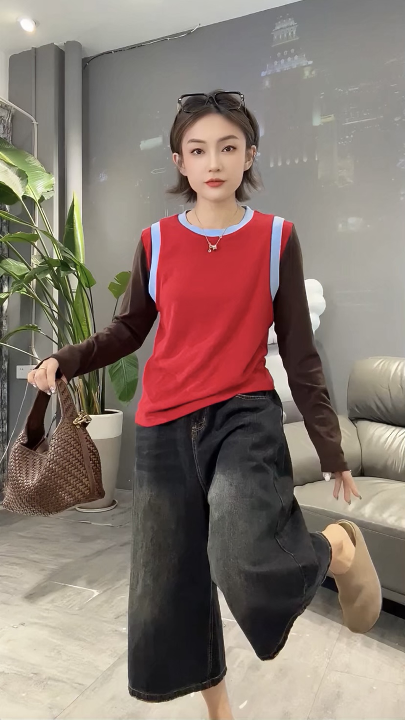 欧货2025早秋新款撞色洋气减龄长袖t袖时尚潮流配色打底衫上衣女