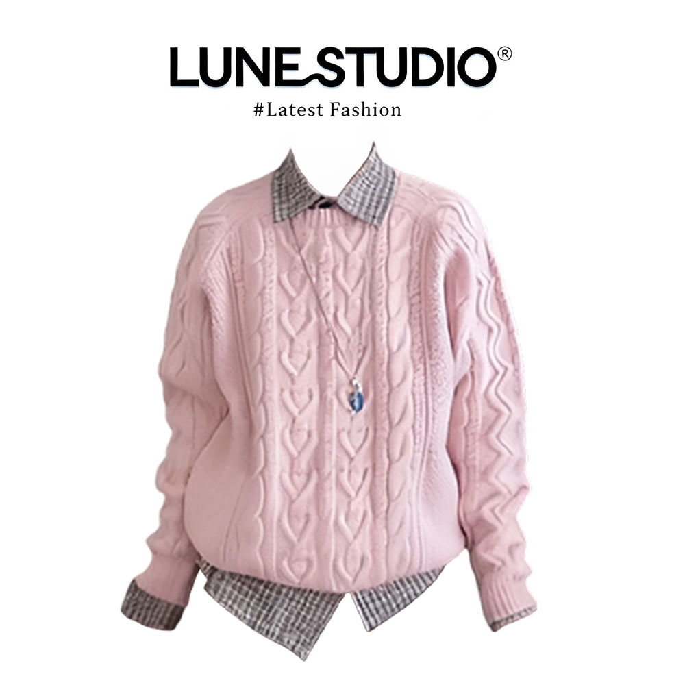 韩系慵懒风粉色长袖针织上衣女宽松套头毛衣内搭上衣叠穿衬衫套装