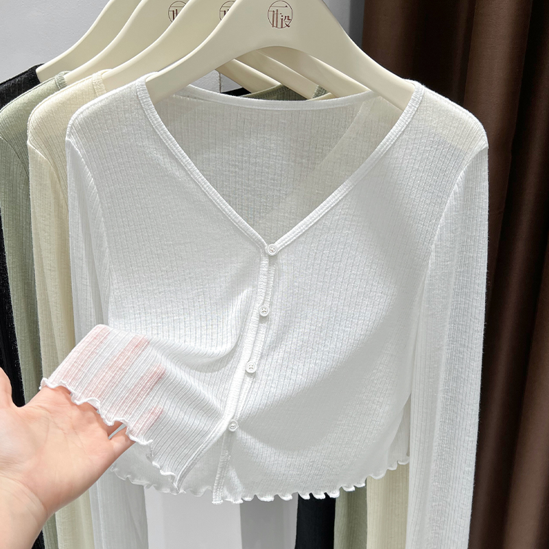 白色冰丝微透防晒针织开衫女秋季薄款吊带裙外搭披肩木耳边短外套