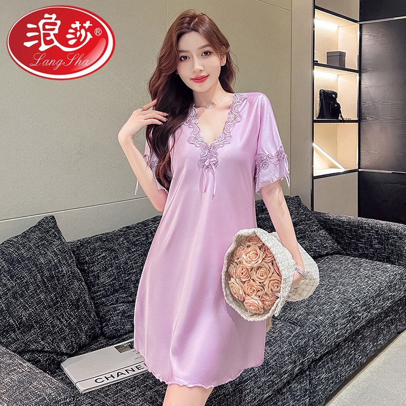 浪莎新款夏季冰丝睡裙蕾丝女士家居服2025新款女生睡衣