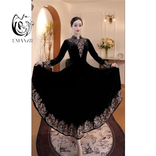 A25Q91依曼之舞异域风情女新疆舞服大摆丝绒连衣裙遮肉显瘦秋冬款