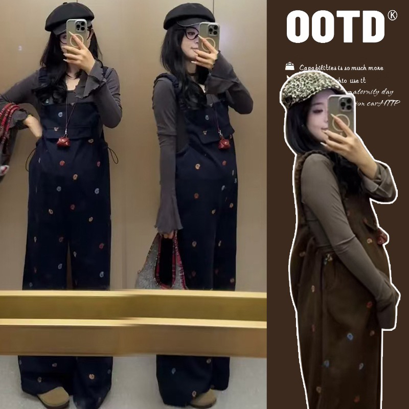 时尚孕妇背带裤春秋新款刺绣美拉德色系背带裤+辣妈打底上衣套装