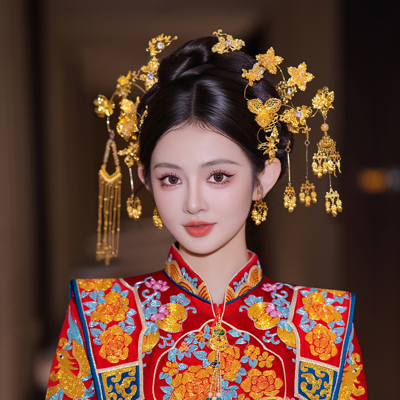 合金婚庆饰品 金色减龄新娘头饰古典宫廷龙凤褂秀禾发饰套装G0260