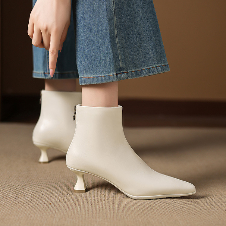 牛皮~5cm尖头法式小猫跟真皮短靴复古高跟短筒瘦瘦靴软底细跟裸靴