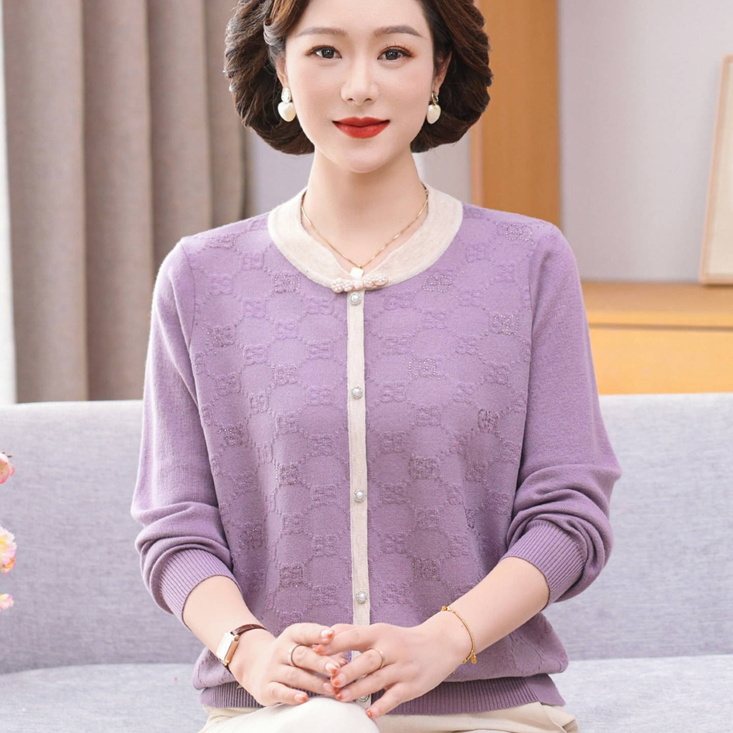 妈妈秋装外套新款洋气圆领毛衣中年妈妈装针织打底衫春秋上衣时尚