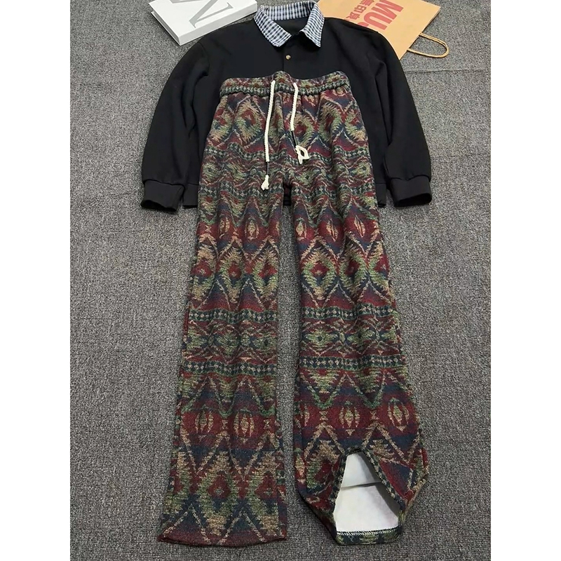 针织脏脏裤子男款秋冬季民族风提花阔腿裤美式vintage直筒休闲裤