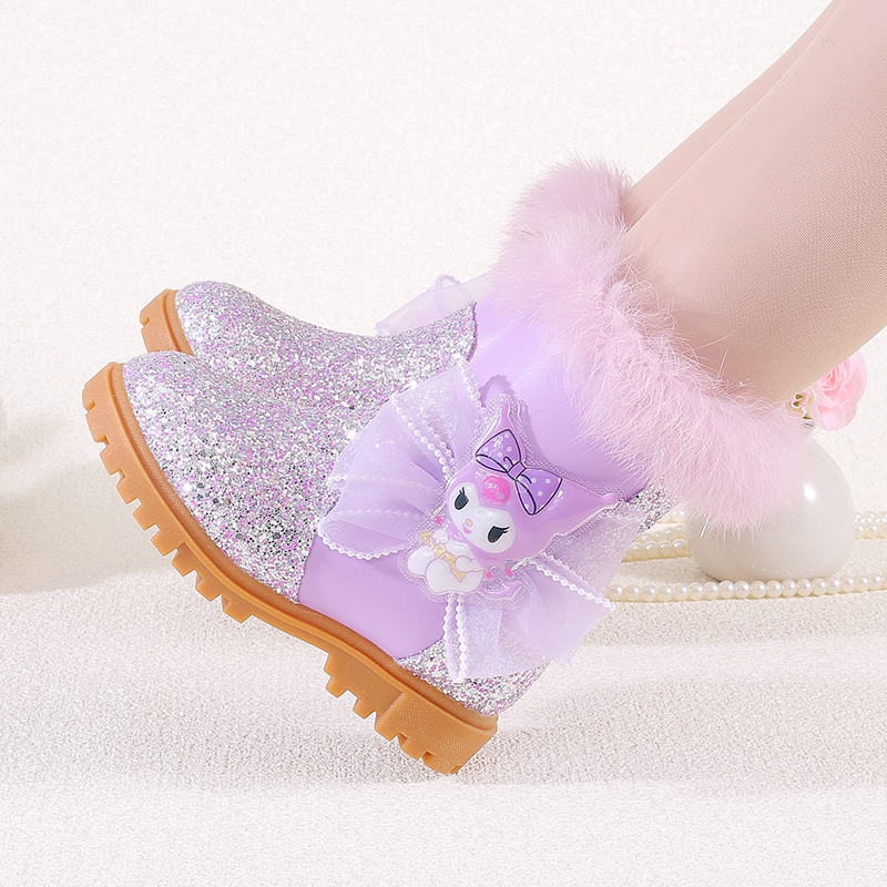 Maoergang/猫尔港女童紫色库洛米短靴儿童冬季加绒保暖兔毛公主靴