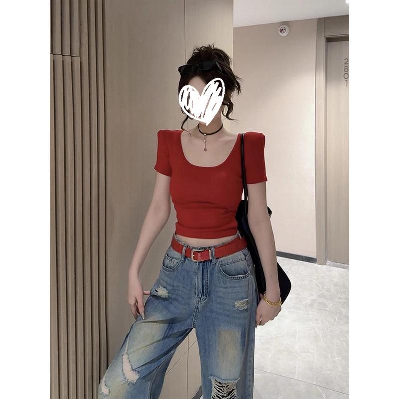 纯欲辣妹短款U领正肩短袖T恤女2025夏季新款修身显瘦内搭打底上衣