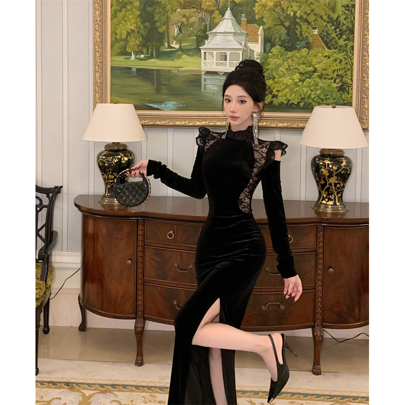 法式气质蕾丝黑色丝绒连衣裙女秋冬修身高级感宴会晚礼服包臀长裙