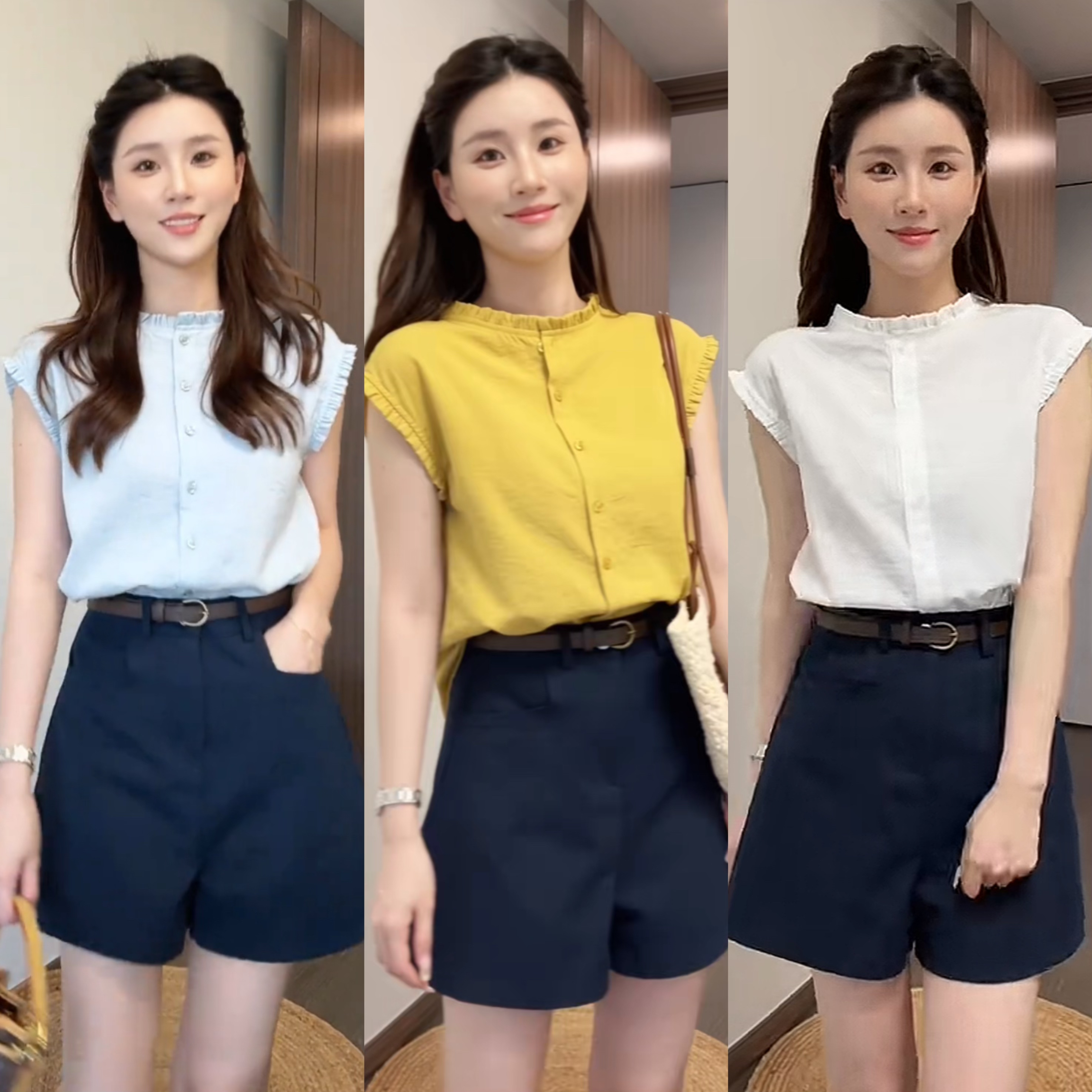 小个子夏季木耳边无袖小衫休闲短款两件套女装超好看时尚减龄套装