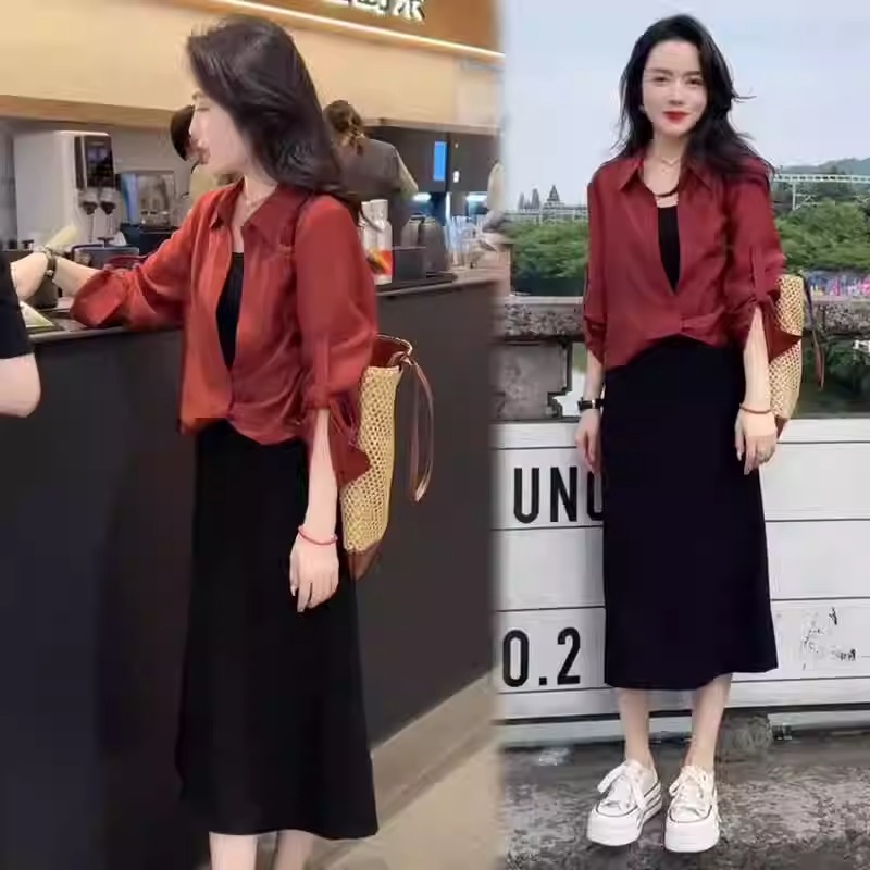 La babite 时尚套装裙2025春秋新款时尚长袖衬衫吊带连衣裙两件套