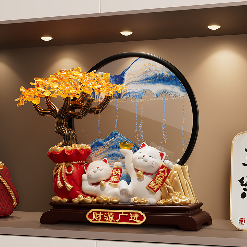 发财树流沙画招财猫摆件客厅装饰新房子搬家礼物招财猫流沙画摆件