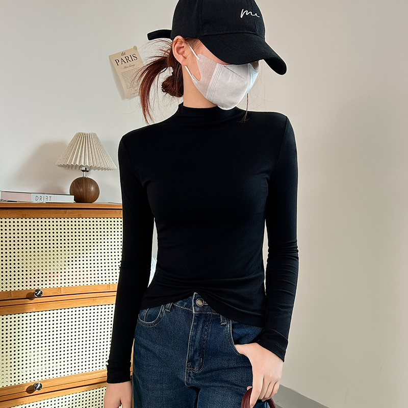 黑色半高领打底衫女内搭2025秋冬洋气纯色长袖t恤磨毛保暖上衣潮