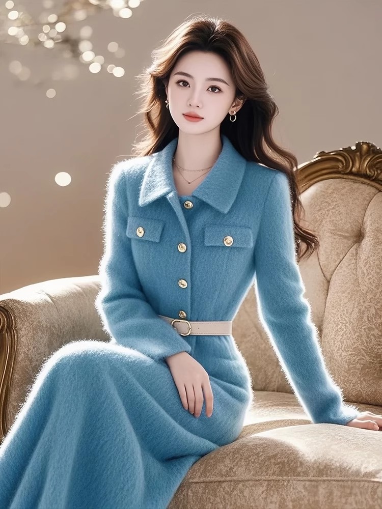 3796超好看小香风连衣裙秋冬新款气质名媛法式时尚收腰针织长裙